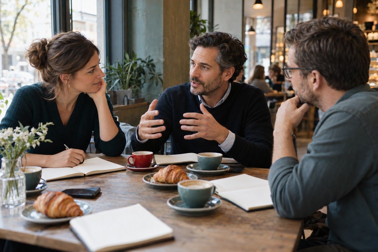 Business-Frühstück: drei Unternehmer besprechen sich bei Kaffee