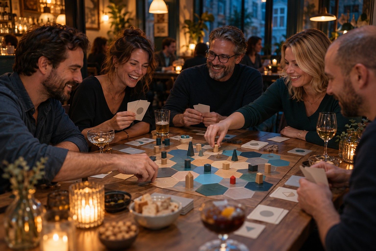 Informeller Abend: Unternehmer spielen ein Business-Brettspiel