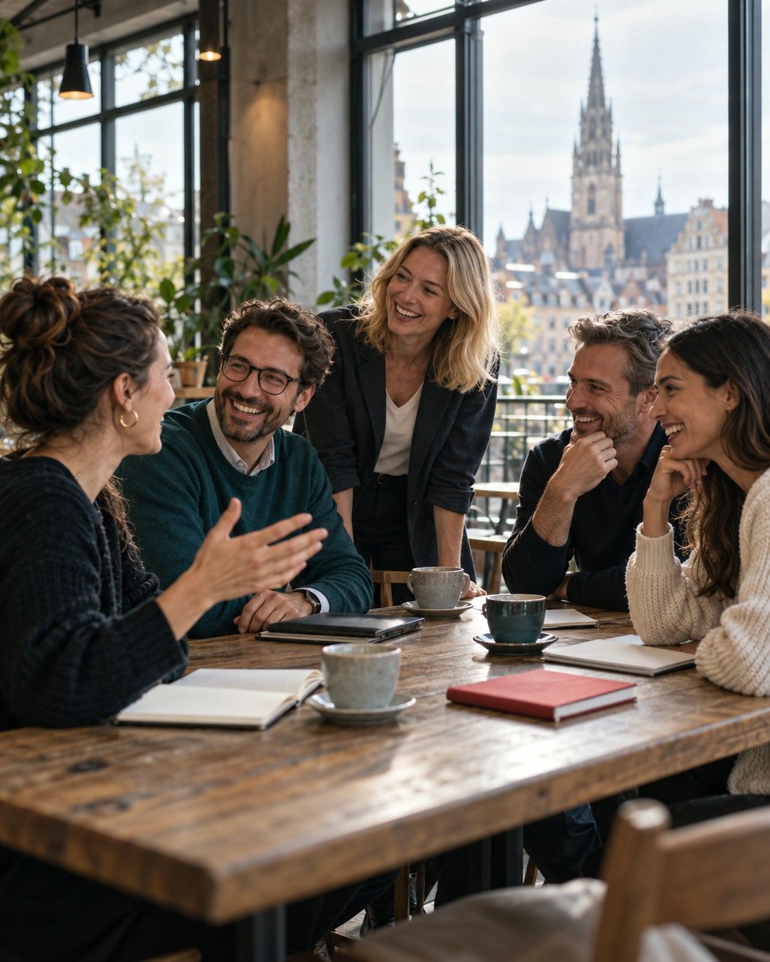 Unternehmer im Gespräch an einem langen Tisch in einem hellen Café