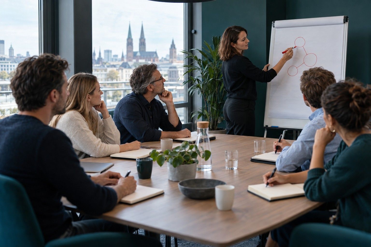 Mastermind: eine Teilnehmerin skizziert am Flipchart, die Gruppe hört zu